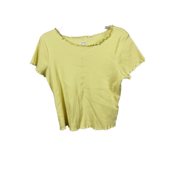 Pilcro Anthropologie Ruffle-Trim Baby Tee Butter Yellow Ribbed- Size Large - Picture 3 of 8